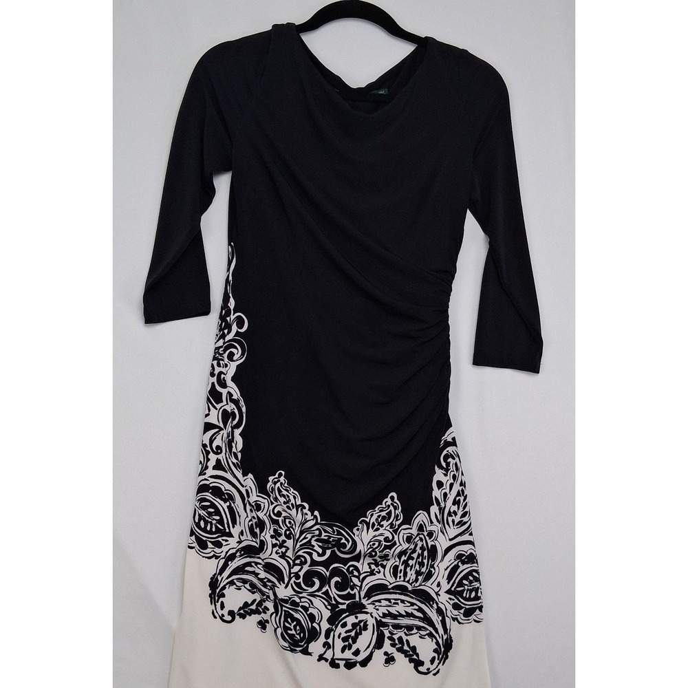 Lauren Ralph Lauren Black White Paisley Ruched Cowl Neck Sheath Dress 4